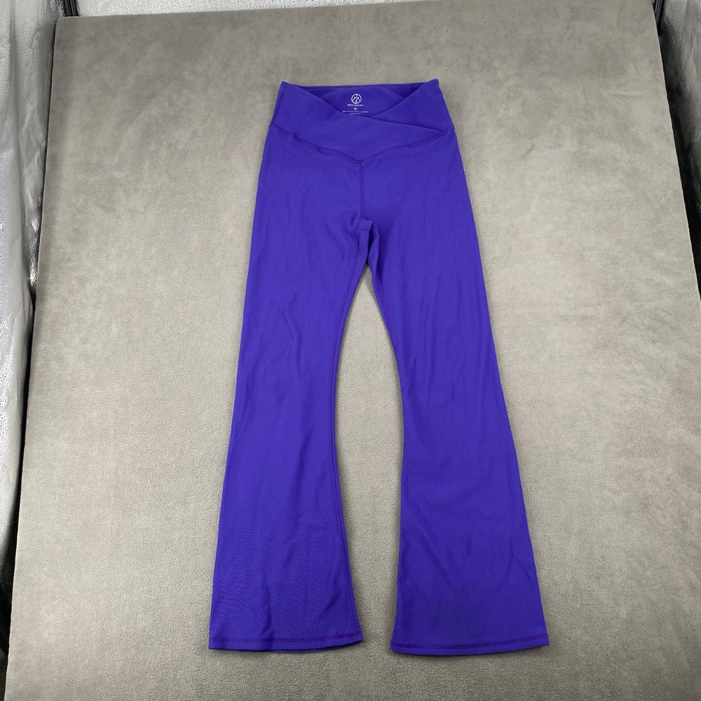 Move Theology Purple Ribbed Crossover Waist Flare Leggings sz Medium Athleisure